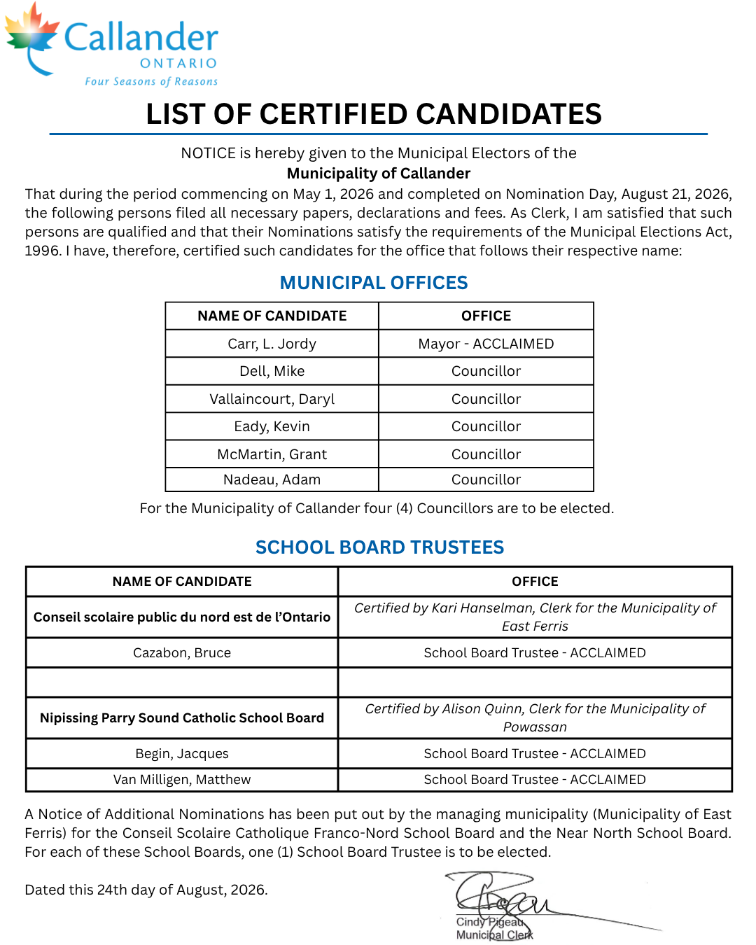 Certified List of Candidates for the 2026 Election